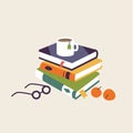 Vector illustration vertical stack different books in hardbacks with bookmarks and with cup of coffee on the top and Royalty Free Stock Photo