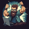 An angry bearded man, screaming at a computer screen Royalty Free Stock Photo