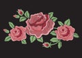 Vector illustration of very beautiful amazing fashion embroidered roses in powder pink tones isolated on black background, can be