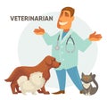 Vector illustration of a veterinarian with cute puppy dog and cat .