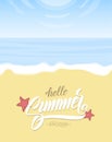 Vetrical poster with Paradise landscape, ocean beach and hand lettering of Hello Summer Vacation on Sand background. Royalty Free Stock Photo