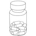 Vector illustration - vial with pills prescribed by a doctor. Capsules for the treatment of the disease. Contour on an isolated
