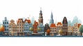 Vector illustration. View of Amsterdam with typical dutch old-fashioned houses at the riverbanks.