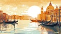 Vector illustration. View of the canals in Venice with buildings and churches on the riverbanks.