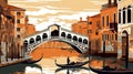 Vector illustration. View of the canals in Venice with buildings on the riverbanks. Gondolas are floating in the water.