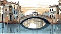 Vector illustration. View of the canals in Venice with buildings on the riverbanks. Gondolas are floating in the water.