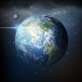 Vector illustration view from space of realistic planet earth with moon in universe with milky way on background Royalty Free Stock Photo