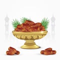 Vintage bowl of dates with palm leaves on white background. ramadan iftar food. 3d vector illustration