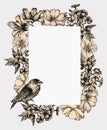 Vector illustration. Vintage frame with blooming flowers and birds, hand-drawing.