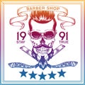 Vector illustration. Vintage, hipster skull barber shop logo in old, neon style.