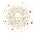 Vector illustration in vintage mystic style, boho design, tattoo, tarot. The device of the universe, the sun with a face