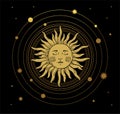 Vector illustration in vintage mystical style, boho design, tattoo, tarot. The device of the universe with a golden sun