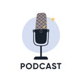 Vector illustration of a vintage podcast microphone icon with sparkles on a light background. Minimalistic flat design concept for Royalty Free Stock Photo