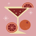 Vector illustration in vintage retro style cocktail glass and oranges. Royalty Free Stock Photo