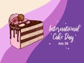 Vector illustration in vintage style appetizing chocolate strawberry cake, marshmallow with lettering. International