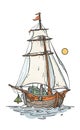 vector illustration, vintage style engraving of travel and sailing ships, concept of travel and exploration in old times,