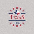 Colored star illustration, Texas map, text on textured background.