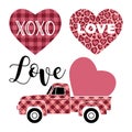 Vector illustration of a vintage truck carrying valentine heart. Leopard heart. Buffalo plaid heart