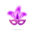 Vector illustration of violet Venetian carnival mask with colorful feathers