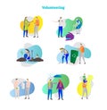 Vector illustration with volunteering collection set. Examples of help, assistance, donation, care and interacting.