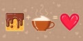 Vector illustration of waffle with chocolate glaze, cappuccino cup and red heart