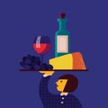 Vector Illustration with waitress with tray with grape, cheese, wineglass, wine bottle on it. Restaurant menu design