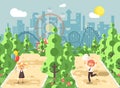 Vector illustration walk stroll promenade boy, girl, school children, classmates child s day, balloons, eat cotton candy