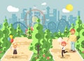 Vector illustration walk stroll promenade father with son, daughter children, child s day, balloons, eat cotton candy
