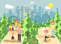 Vector illustration walk stroll promenade of parents with children, child s day, balloons, eat ice cream and cotton