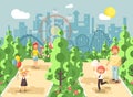 Vector illustration walk stroll promenade of parents with children, child s day, balloons, eat ice cream and cotton