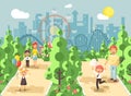 Vector illustration walk stroll promenade of parents with children, child s day, balloons, eat ice cream and cotton
