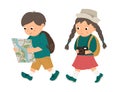 Vector illustration of a walking boy, looking into a map and a girl with camera. travelling children with backpacks. Scouts, Royalty Free Stock Photo