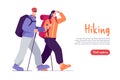 Vector illustration of walking couple of hikers travelers with backpacks looking far away