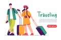 Vector illustration of walking couple of tourists travelers holding passports and suitcases