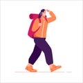 Vector illustration of a walking woman traveler hiker with backpack looking far away