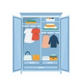 Vector illustration of an open wardrobe with well organised, tidy clothes inside. Neat closet with rack and shelves.