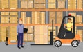 Vector illustration of warehousing, goods and boxes on shelves in the warehouse and team of workers, transport and