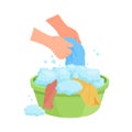Vector illustration washing washing clothes by hands in basin with soap foam isolated on white