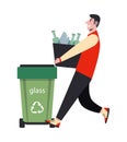 Vector illustration waste sorting and recycling concept. Man sorts trash and throw it in the trash for waste glass.