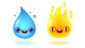 Vector illustration of water drop and fire flame in 3D style with kawaii face. Vector icon of rain drop and fire Royalty Free Stock Photo