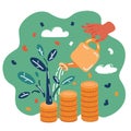 Vector illustration of watering can pouring gold coins stack