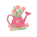 Vector illustration of a watering can with tulips isolated from the background. Summer romantic picture with flower bouquets in a Royalty Free Stock Photo