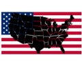 Vector illustration of waving American Flag on dark background. United States Flag with black silhouette map of USA Royalty Free Stock Photo