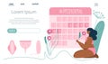 Vector illustration web landing page with body positive young women and PMS calendar. She choices hygienic device