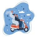 Vector illustration of wedding bride and groom just married coupl ride scooter and have fun