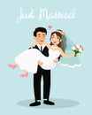 Vector illustration of wedding couple bride and groom. Just married couple, happy groom is holding bride, cartoon flat