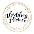 Vector illustration of `Wedding planner` lettering on a floral frame