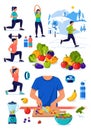 Vibrant Wellness Lifestyle Illustration, Vector of Sport, Jogging, Healthy Foods, Hydration, Fitness Trackers, Winter Scene Royalty Free Stock Photo