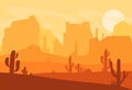 Vector illustration of Western Texas desert silhouette. Wild west america scene with sunset in desert with mountains and Royalty Free Stock Photo