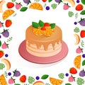 Vector illustration on a white background cake with orange and strawberry for birthday, wedding, holiday for advertising Royalty Free Stock Photo